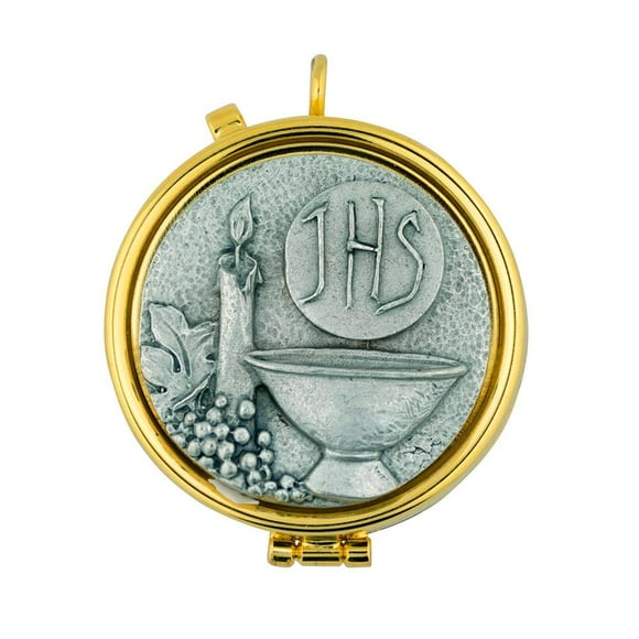 Communion PYX | 2 Sizes and Over 20 for Clergy | Made in Italy (JHS Chalice and Candle - Pewter, Large - 2.5")