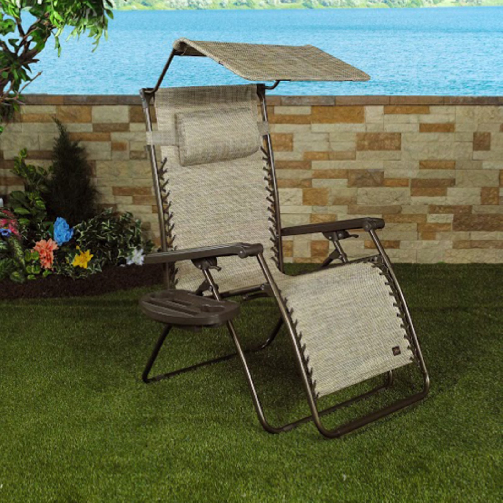 Bliss Hammocks 30" Wide XL Zero Gravity Chair w/ Canopy, Pillow, & Drink Tray Folding Outdoor Lawn, Deck, Patio Adjustable Lounge Chair, 360 lbs. Capacity, Weather and Rust Resistant, Sage Green - image 3 of 11