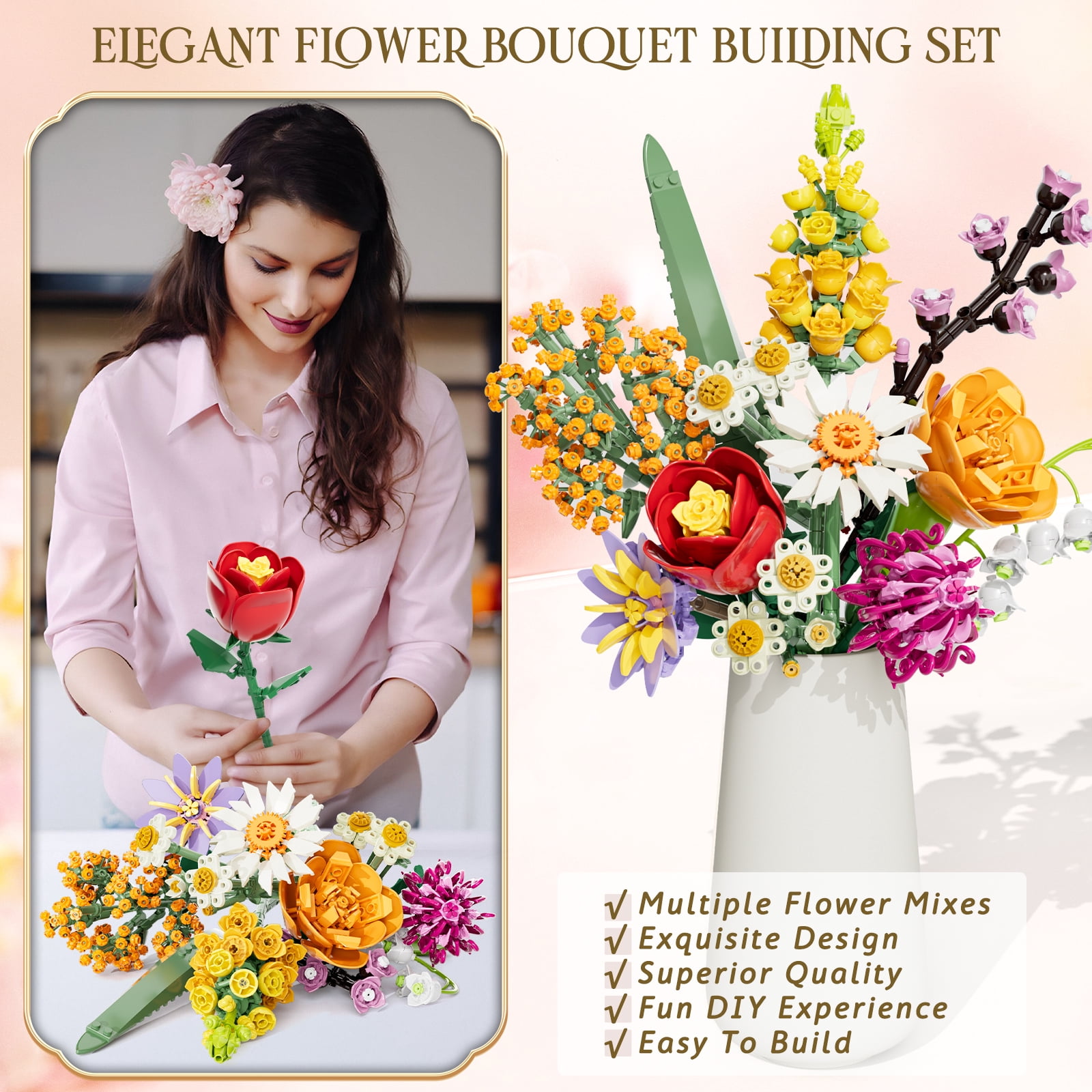 Flowers Building Set, 1070PCS Wildflower Botanical, ABS Flower Kit Toy for Kids Adults Women, Home Decor Gift for Birthday, Christmas, Father's Day