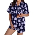 thumbnail image 2 of siminsem Womens Satin Pajama Set Graphic Printed Cute Button Down Short Sleeve Sleepwear Top with Soft Lounge Shorts Lightweight Loungewear Two Piece Pjs for Home, Purple,S, 2 of 7