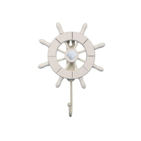 Handcrafted Nautical Decor White Decorative Ship Wheel with Seashell with Hook 6" - Wooden Ships Wheel - B