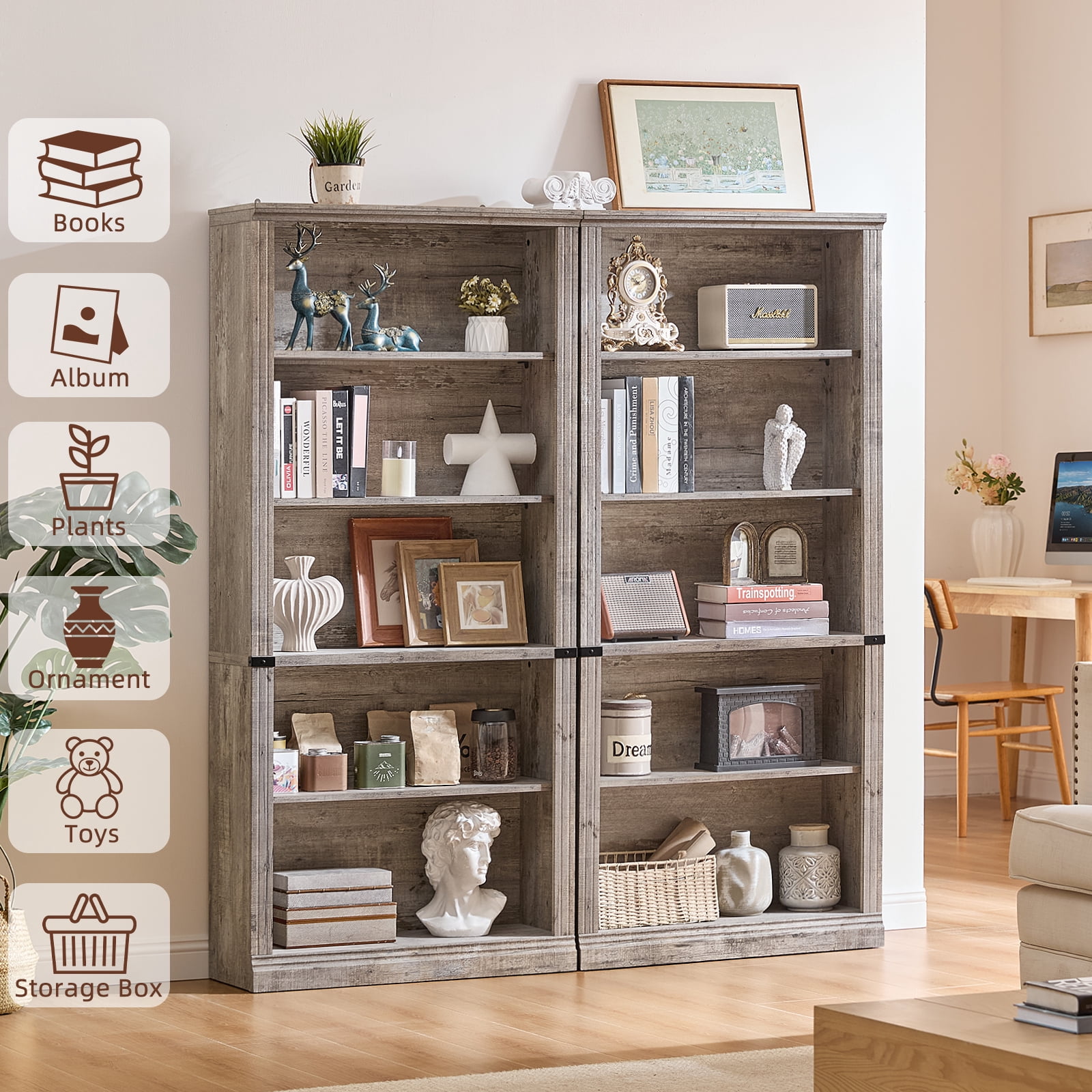 Buildhom 2pc 70" Tall Farmhouse Bookshelf, 5-Tier Solid Wood Bookcase with Adjustable Shelves for Living Room & Office, Grey