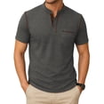 thumbnail image 2 of RICHCOIN Men Summer Tops Short Sleeve V Neck Tshirt Band Collar Button Down Solid Pocket Gray Tee Shirts Size L, 2 of 7