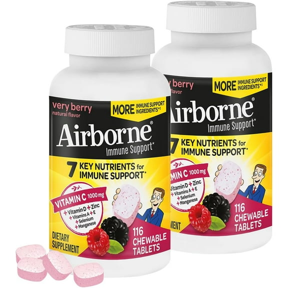 Airborne 1000mg Vitamin C   Zinc Immune Support Supplement Chewable Tablets, Very Berry Flavor with Powerful Antioxidants Vitamins A C & E, 116 Chewable Tablets (2 Pack)