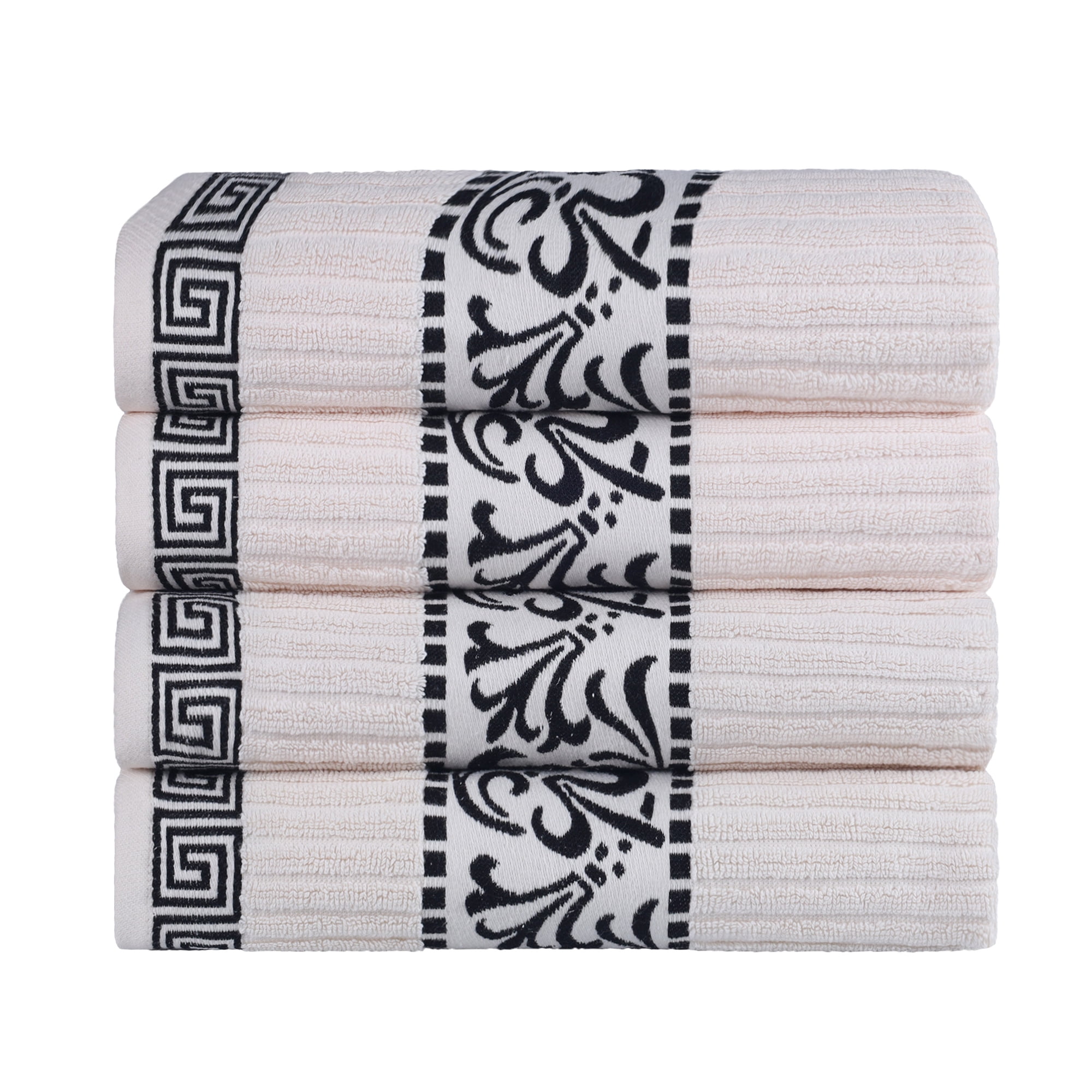 BNM Cotton Decorative Border 4 Piece Towel Set, Ivory-Black