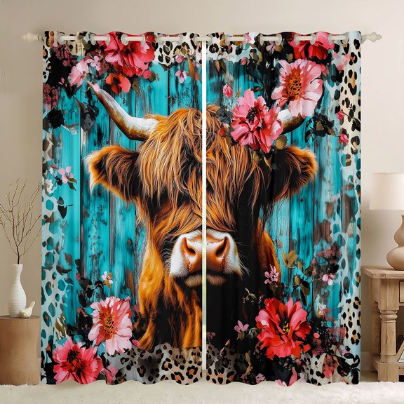 jejeloiu Brown Cow Cattle Curtains Pack of 2 (42x84 Each),Rustic Farmhouse Cabin Curtains Blackout,Pink Flower Floral Bedroom Curtains For Kids,Super Cozy Room Decor