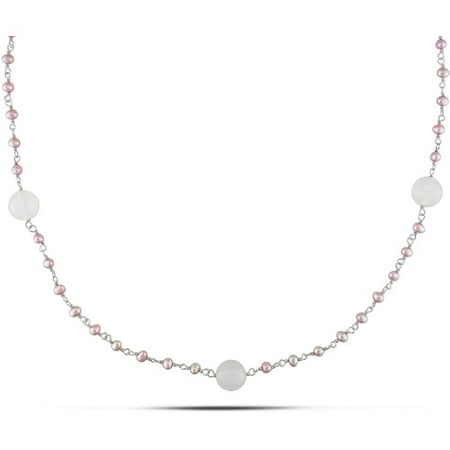 Miabella Pink Cultured Freshwater Pearl and 52 Carat T.G.W. White Agate Sterling Silver Station Necklace, 39