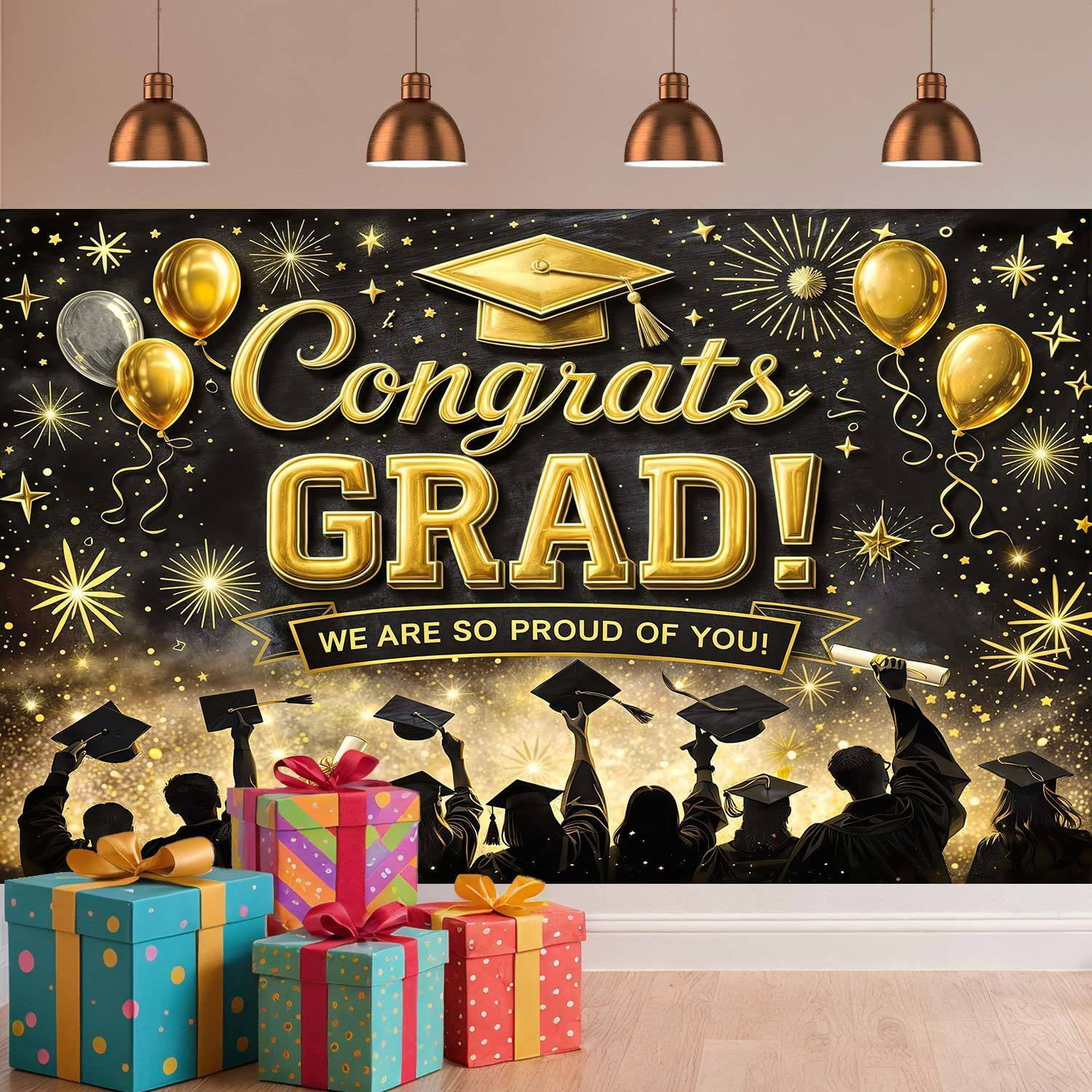 Congrats Grad Graduation Backdrop 7x5ft, Black and Gold Graduation Party Decoration Backdrop, Class of 2026 Photography Background, We Are So Proud of You Photo Booth Prop for Graduation Ceremony