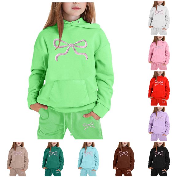 GobdXE Kids Girls 2 Piece Tracksuit Soft Textured Bow Print Hoodie Jogger Pants Winter Warm Daily Clothing Set 4-5 Years,Green
