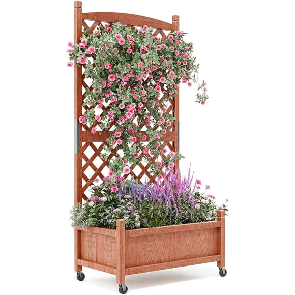 Garvee Cedar Garden Bed Set with Trellis, Drainage Holes & Wheels, 29.52 x 12.99 x 61.41 "