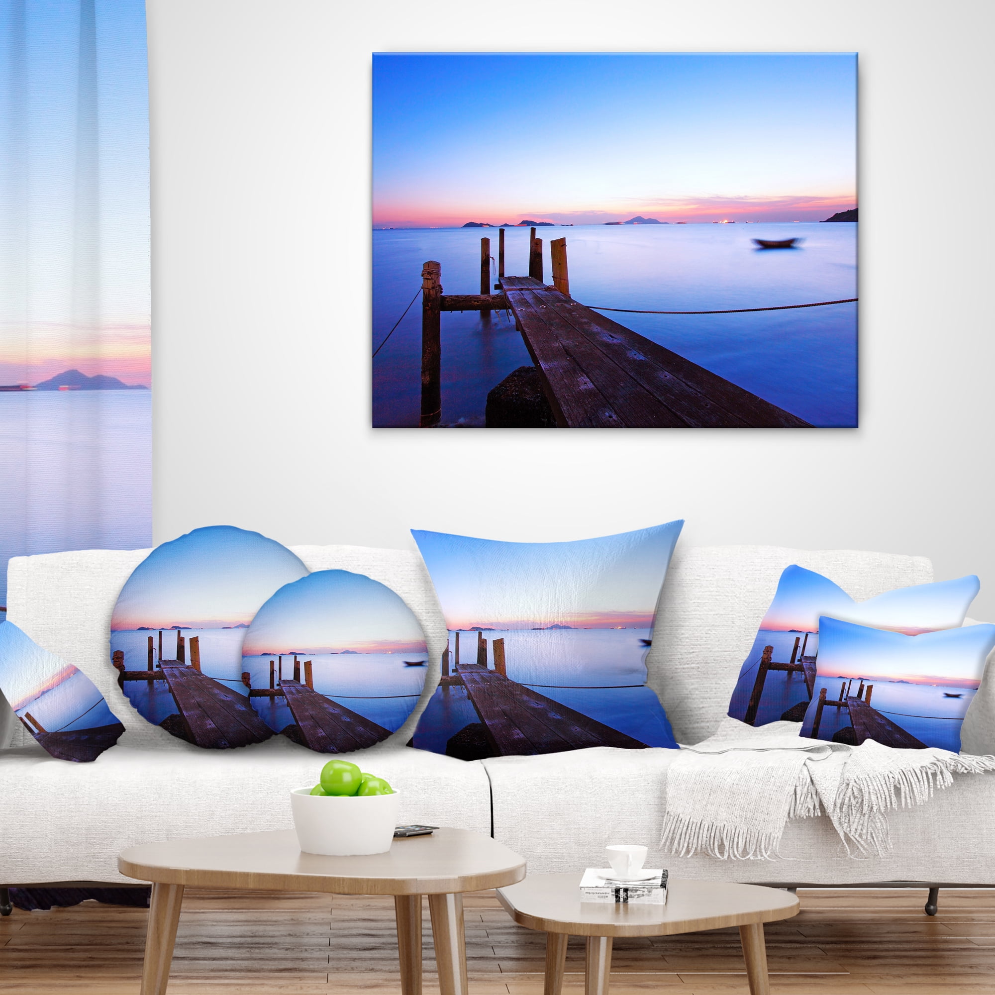 Designart Wooden Pier at Dusk - Seascape Photography Throw Pillow - 16x16