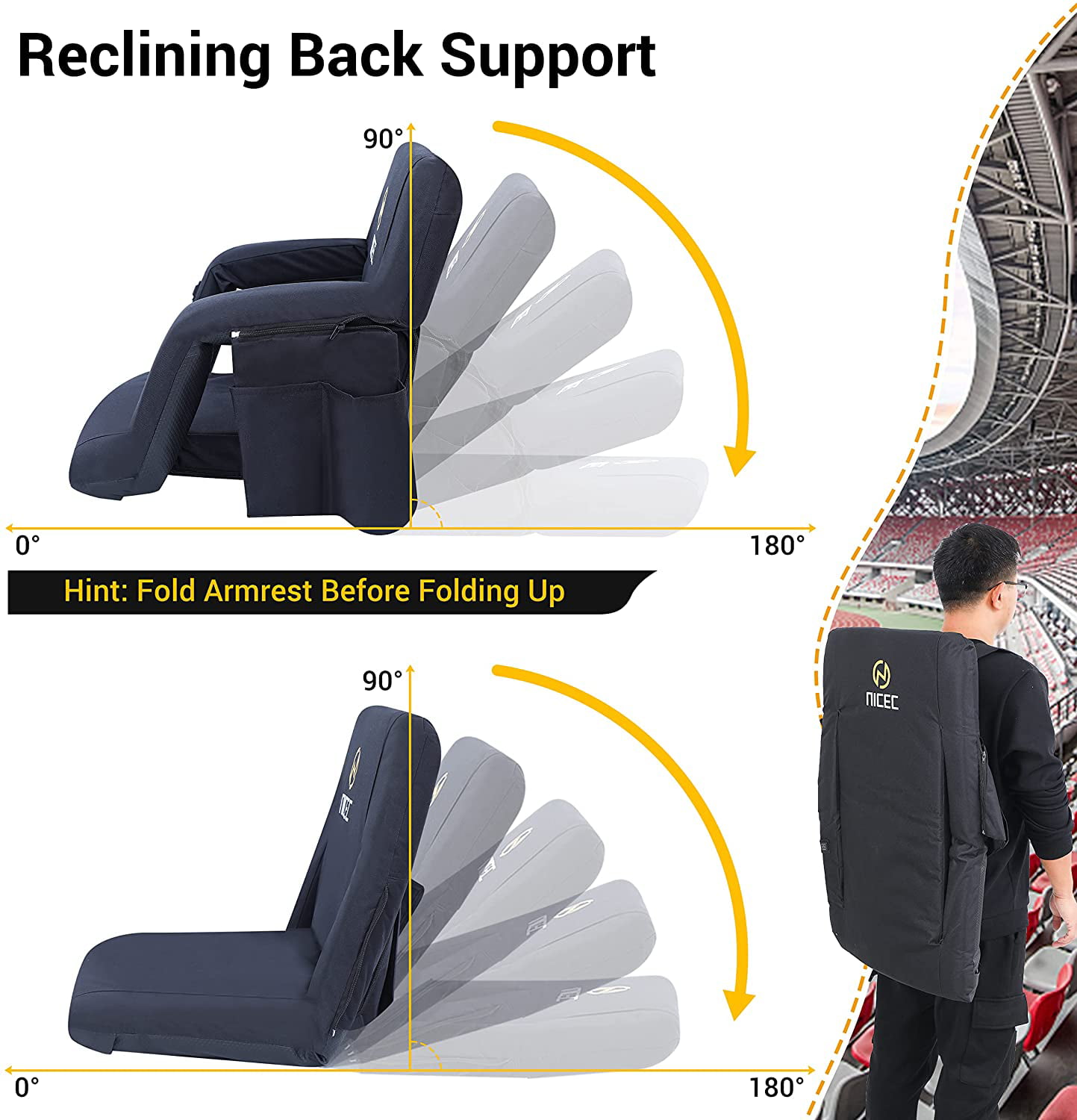 Foldable NO Power Bank Bleacher Chairs with Shoulder Straps & Net Pockets Extra Thick Padding Nice C Heated Stadium Seats 5 Reclining Positions Waterproof Cushion 