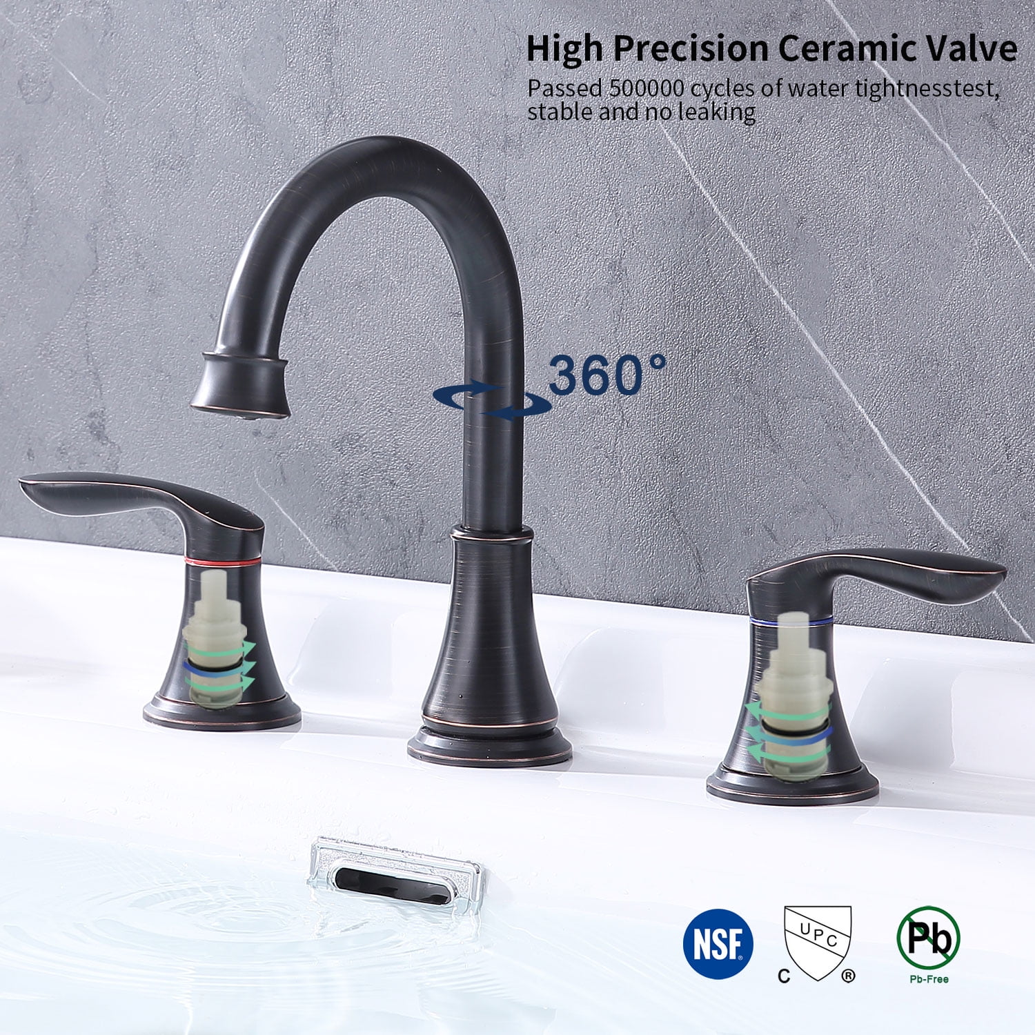 ORB 2-Handle 8-Inch Widespread Bathroom Faucet, 3-Hole Lavatory Faucet with 360° Swivel Spout, Pop-Up Drain Assembly & cUPC Water Supply Hoses