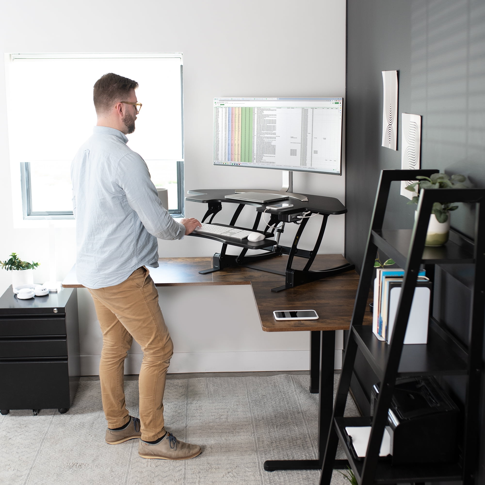 VIVO Black Corner Electric Height Adjustable Cubicle Sit to Stand Desk Riser