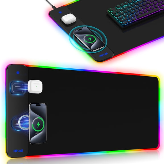 Miroddi RGB Gaming Mouse Pad with Wireless Charger, LED Desk Mat with 15W Fast Charging, Waterproof Non-Slip Desk Pad for Office & Home