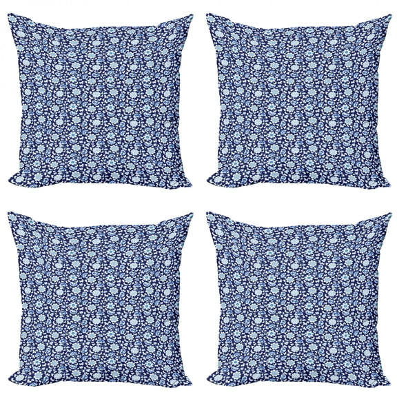 Ambesonne Floral Throw Pillow Cover 4 Pack, Chinese Porcelain Motif, 20", Cobalt Blue Night Blue