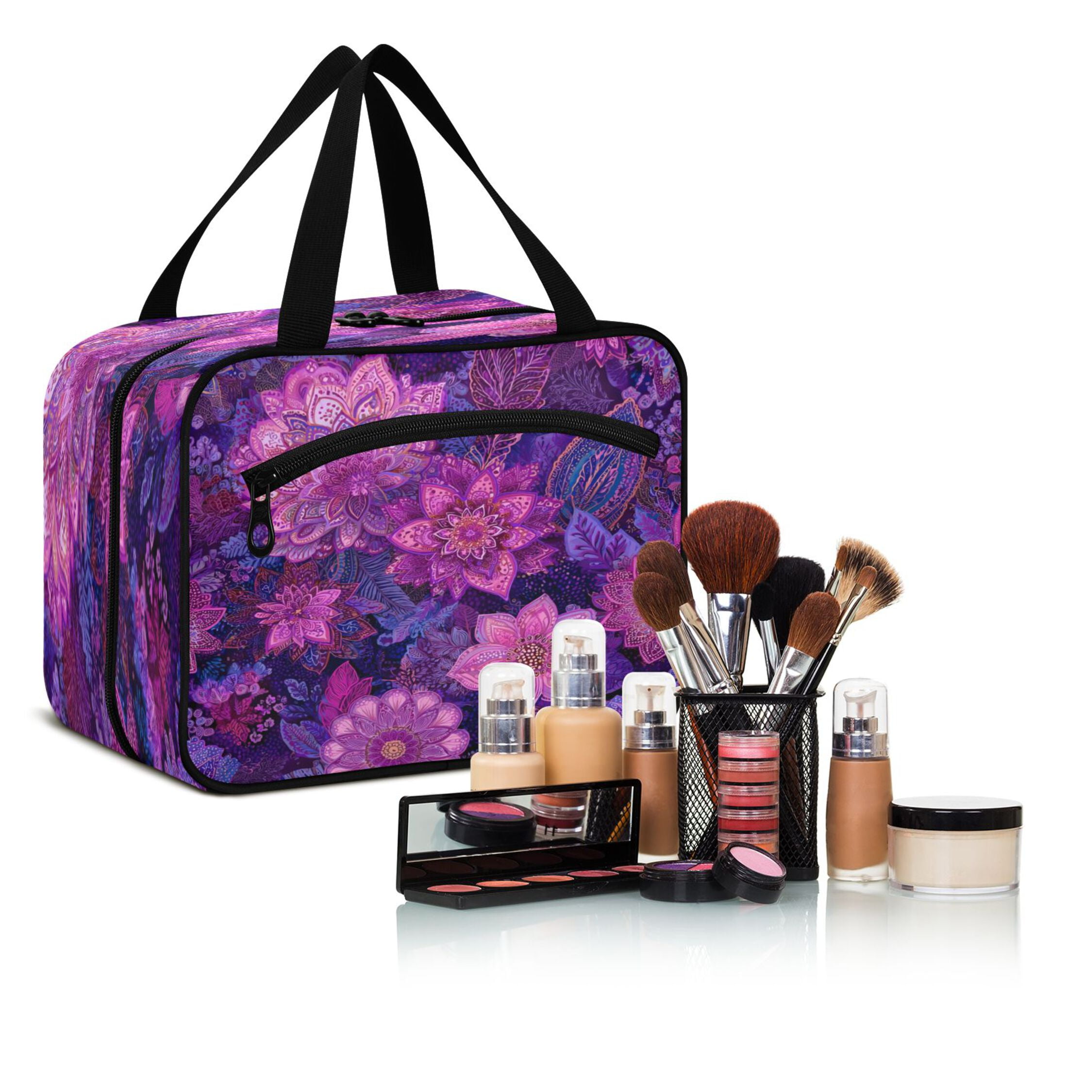 Travel Hanging Toiletry Bag with 4 Zipped Compartments Waterproof Makeup Accessories Spacious Cosmetic Bag Lavender Bohemian Pattern Large
