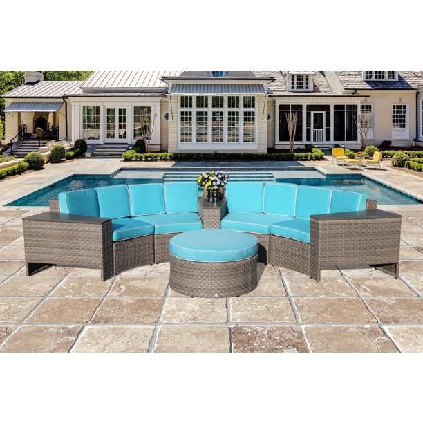 Outdoor Patio Furniture Set Wicker 8 Piece Semicircular Sectional Sofa Seating Set With Ottoman Blue Seat And Back Cushions Aluminium Frame Gray Pe Wicker Walmart Com Walmart Com