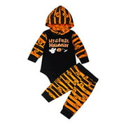 Baby Boys Pumpkin Outfit My First Halloween Pants Set with Hat (3-6 Months, Black + Orange03)