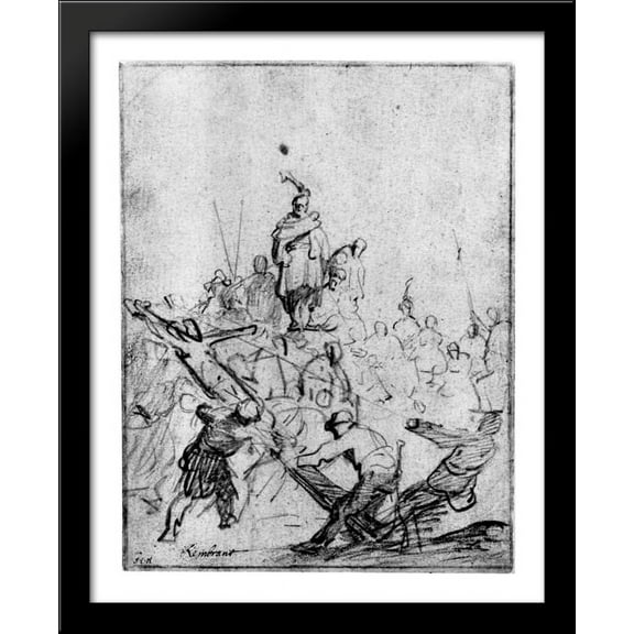 The raising of the cross 28x34 Large Black Wood Framed Print Art by Rembrandt