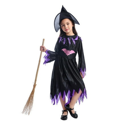 

One opening Kids Girls Halloween Cosplay Dress up Dress Long Sleeve Color-Contrast Round Neck Triangle Ruffle Dress+Belt+Hat