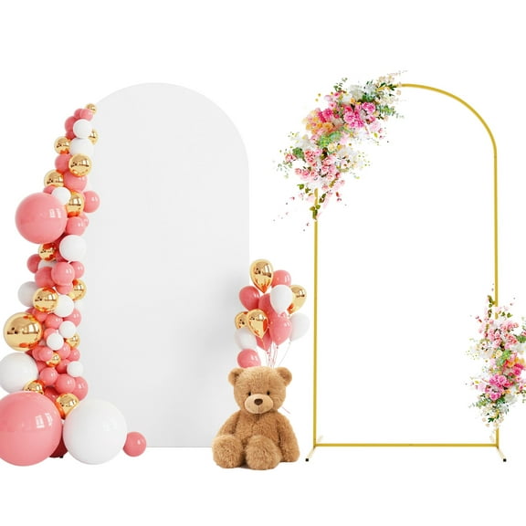 Hyindoor 7.2FT Wedding Arch Backdrop Stand   White Arch Cover, Gold Arch Stand Set for Wedding Ceremony, Bridal Shower, Birthday Party, Photo Booth Backdrops, Garden