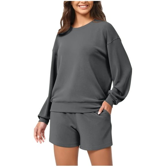 Women 2 Piece Set Womens Long Sleeve Loose Sweatshirt Womens Tops Pocket Blouses Long Sleeve Round-Neck Blouses Two Piece Sports Tracksuit S-180 Gray XXL