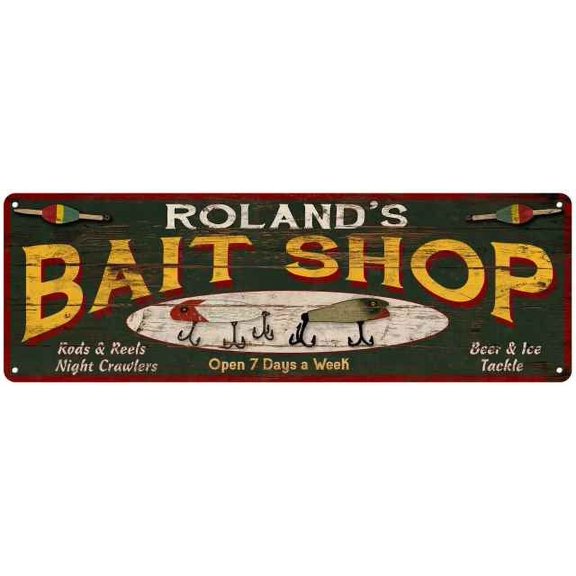 ROLAND'S Bait Shop Sign Wood Look Man Cave Den Gift 6x18 Metal 106180024226