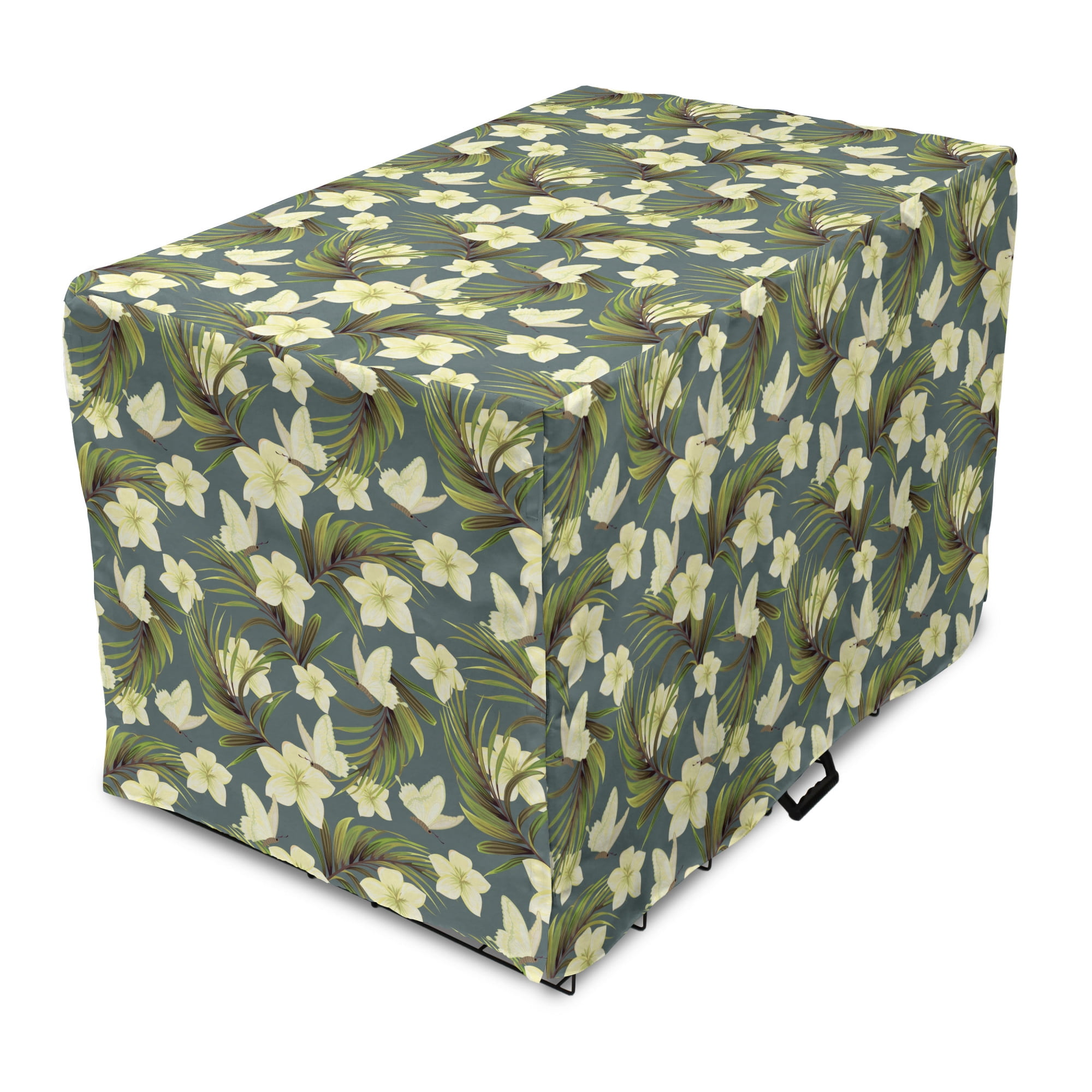 View of Flowers Insects Dog Crate Cover, Tropical Composition of Palm Leaves ...