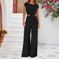 thumbnail image 2 of Women's 2 Piece Summer Outfit Cap Sleeve V Neck Belted Crop Top Wide Leg Pants, 2 of 6
