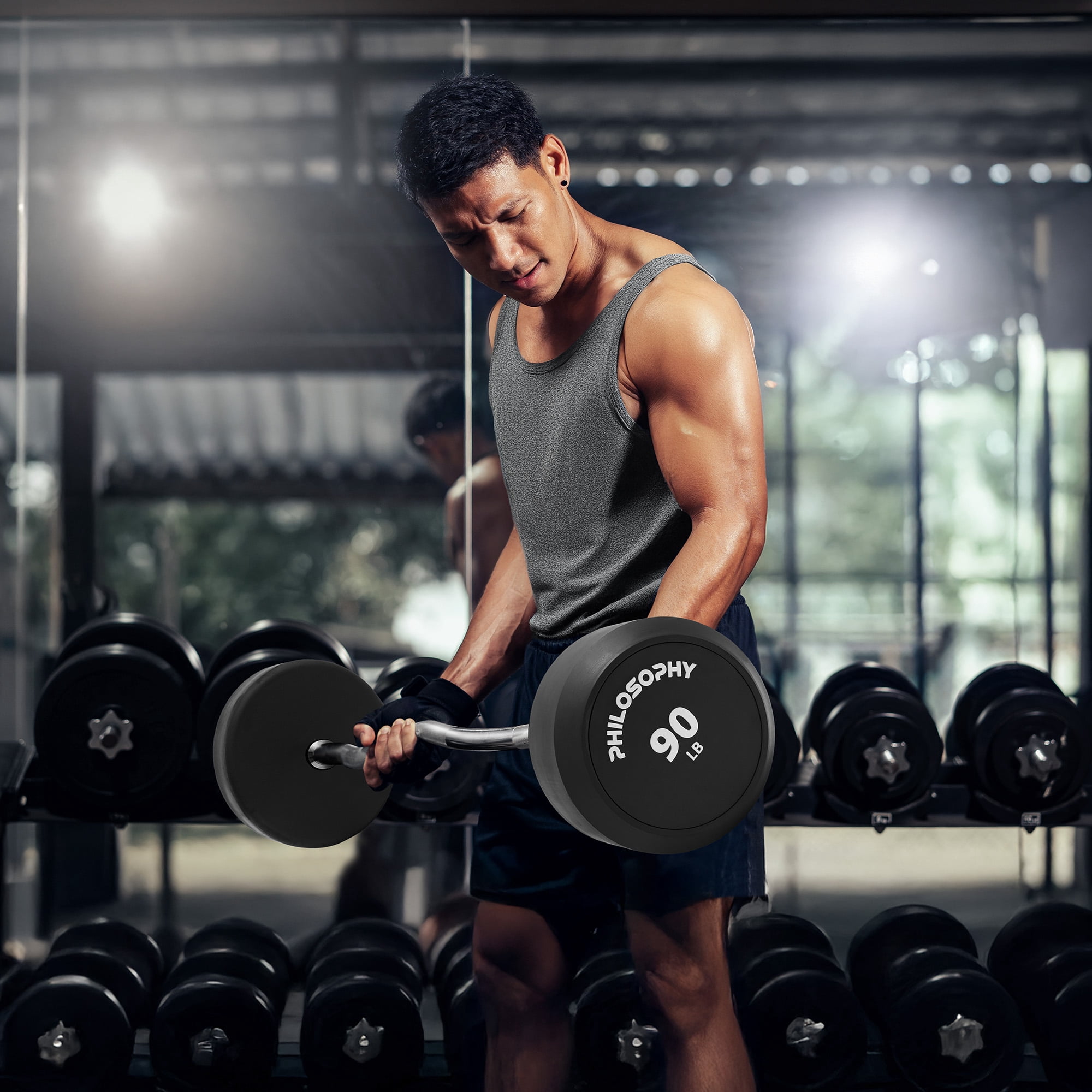 Philosophy Gym Rubber Fixed Barbell, 90 LB Pre-Loaded Weight EZ Curl Bar for Strength Training & Weightlifting
