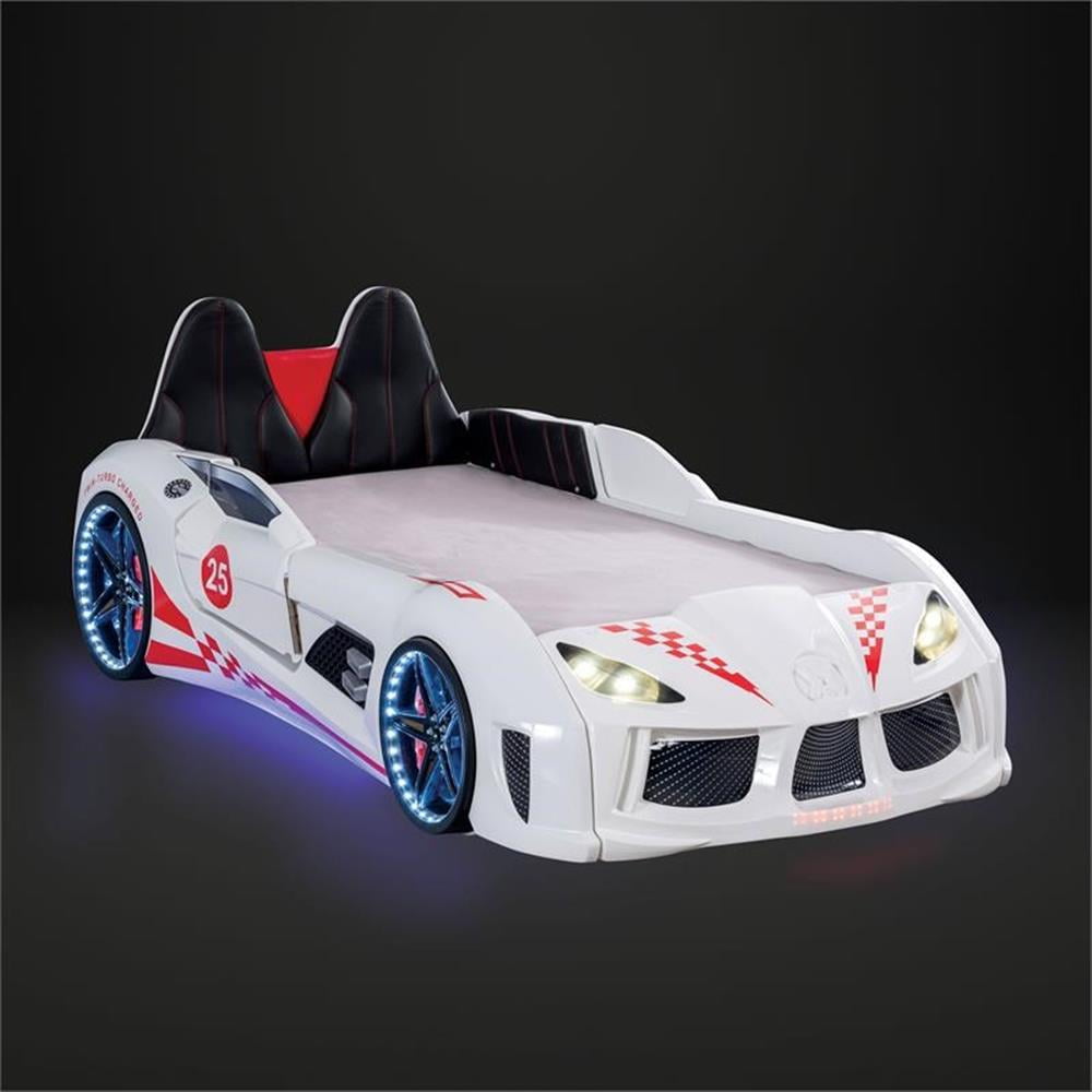 Furniture of America Sonet Plastic Twin Race Car Bed with LED Light in White