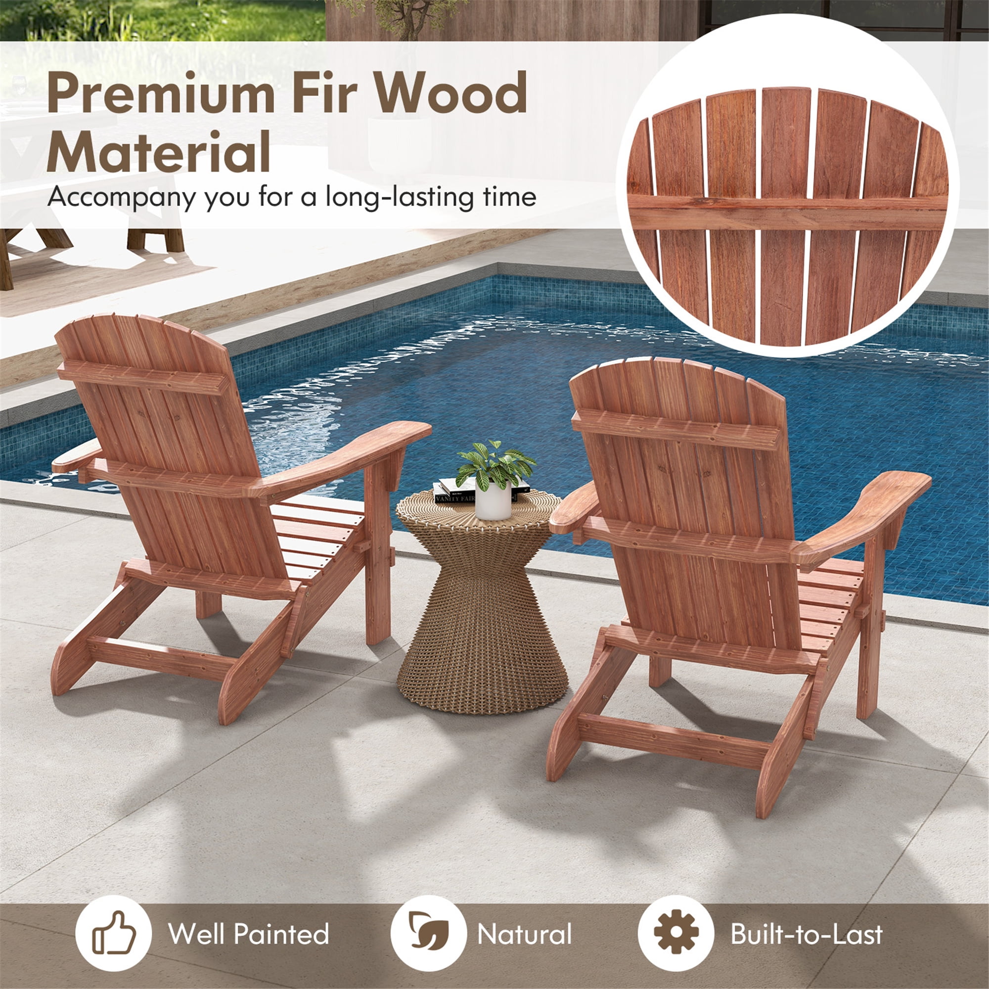Gymax Folding Adirondack Chair Set of 2 w/ High Backrest & Wide Armrests Wooden Brown
