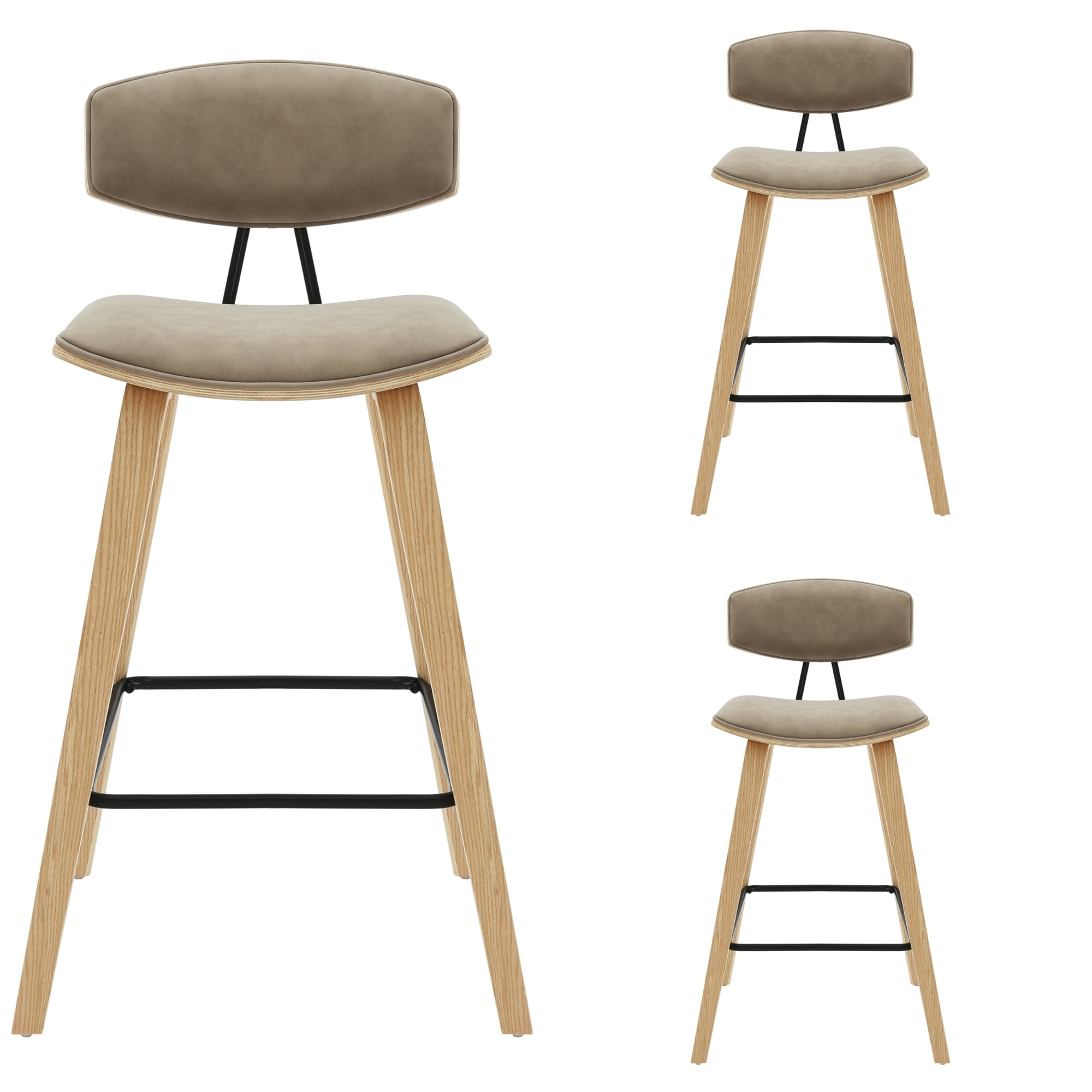 Fox 36 in. H Counter Height Vintage Taupe Curved Back Wood Bar Stool with Faux Leather Seat Set of 3