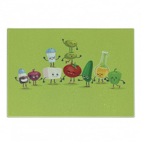 

Vegetable Cutting Board Cartoon Greek Salad Ingredients in Characters Fun Olive Oil Lemon Cheese Decorative Tempered Glass Cutting and Serving Board in 3 Sizes by Ambesonne