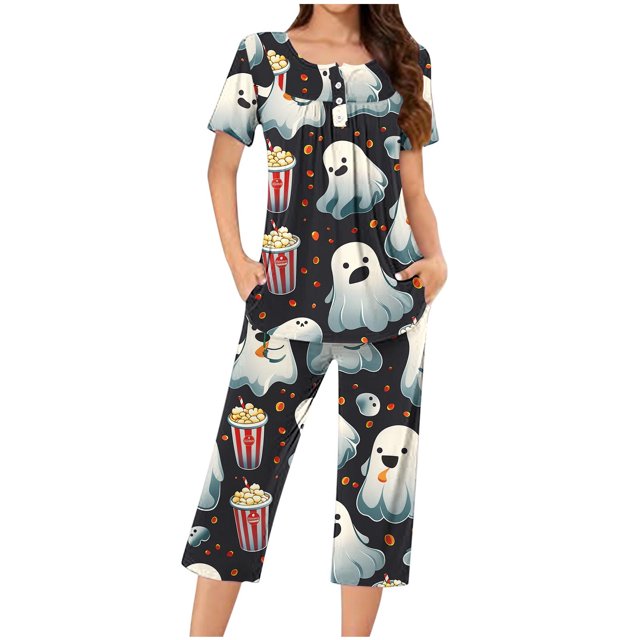 Jamicy Pyjamas d'Été pour Femmes 2024 Ensemble de Pyjama Décontracté à Col Rond Imprimé Boutonné pour Halloween