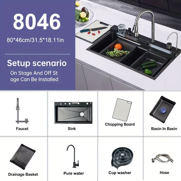 Digital Display Waterfall Kitchen Sink, Stainless Steel, Pull-Down Spray Faucet, Modern Gun Gray & Brushed Golden Full Set