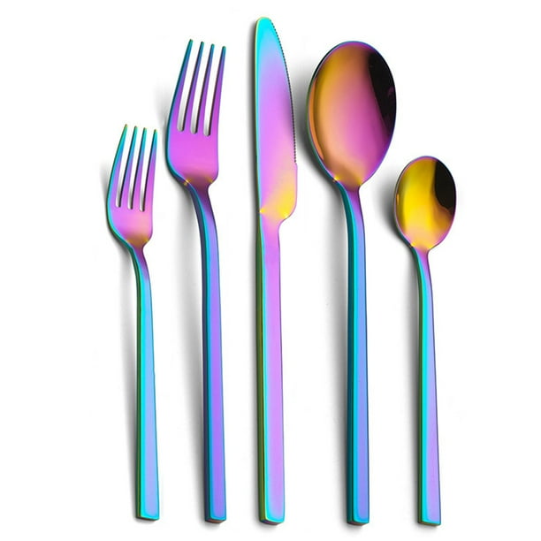 Bewildely 5 unids/set juego de cubiertos 18/10 variedad de opciones de acero inoxidable no tóxico fácil de usar con cuchillo y tenedor Mostrada arcoíris