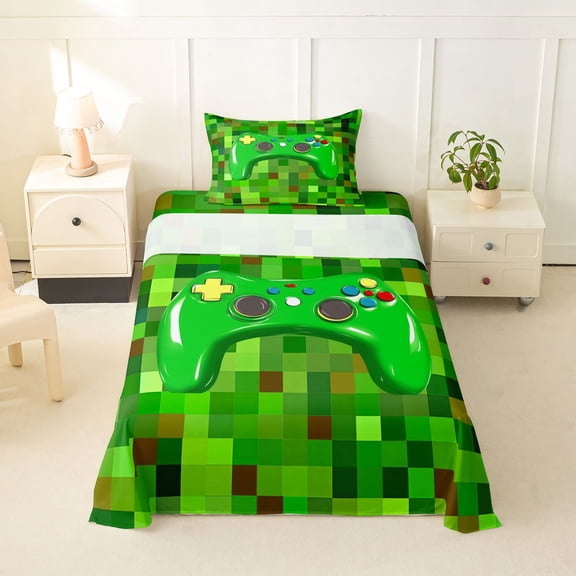 Erosebridal 3D Gaming Geometric Twin Sheet Sets For Kids Gamer,Pixelated Miners Gamer Bedding For Boys 3-Piece