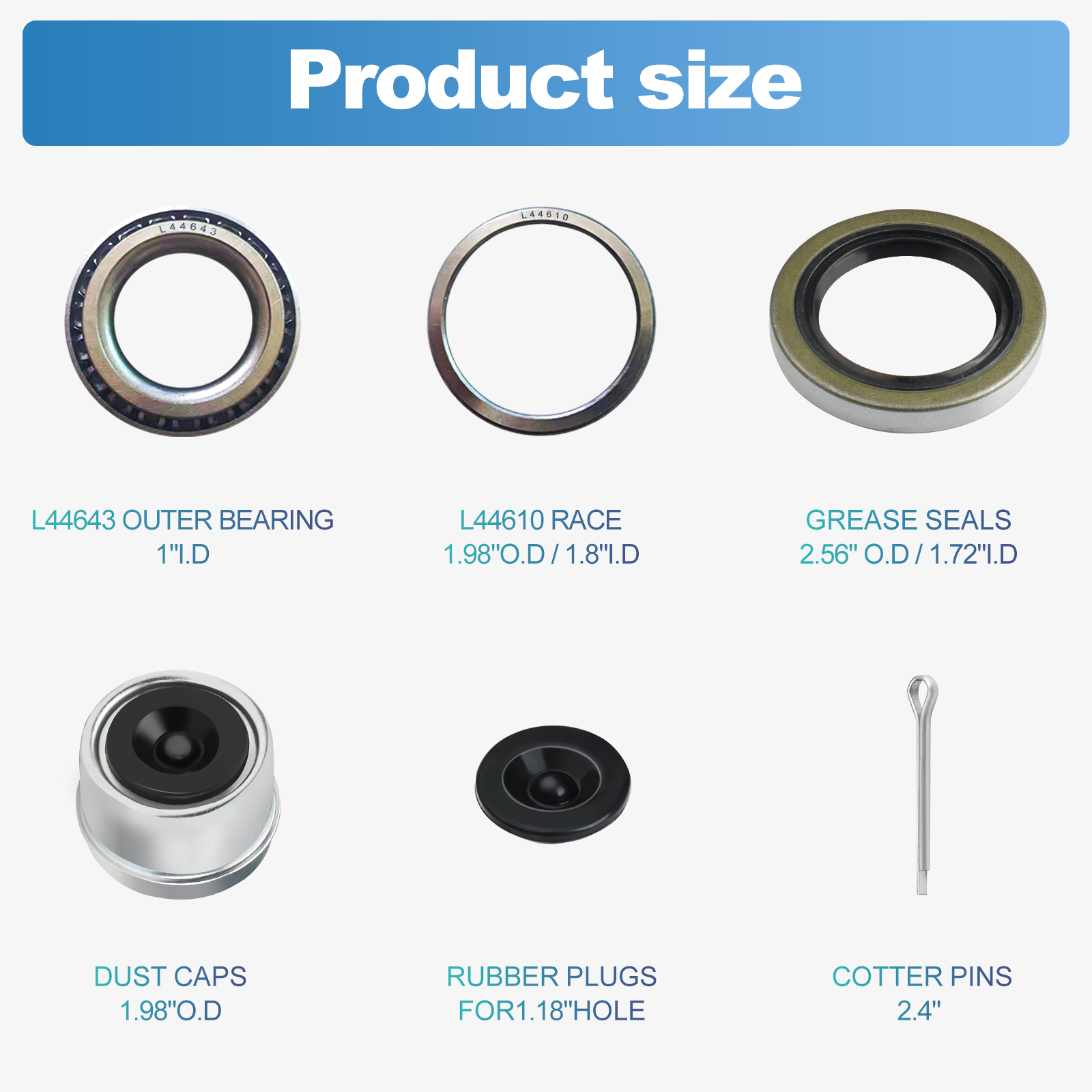 4 Sets L44643 L44610 Trailer Axle Bearings Kit with 12192TB Grease Seals, 1.98'' Trailer Dust Caps, Cotter Pins, Rubber Plugs, Fits for 1'' 2000-2200LB Boat Trailer Axle.