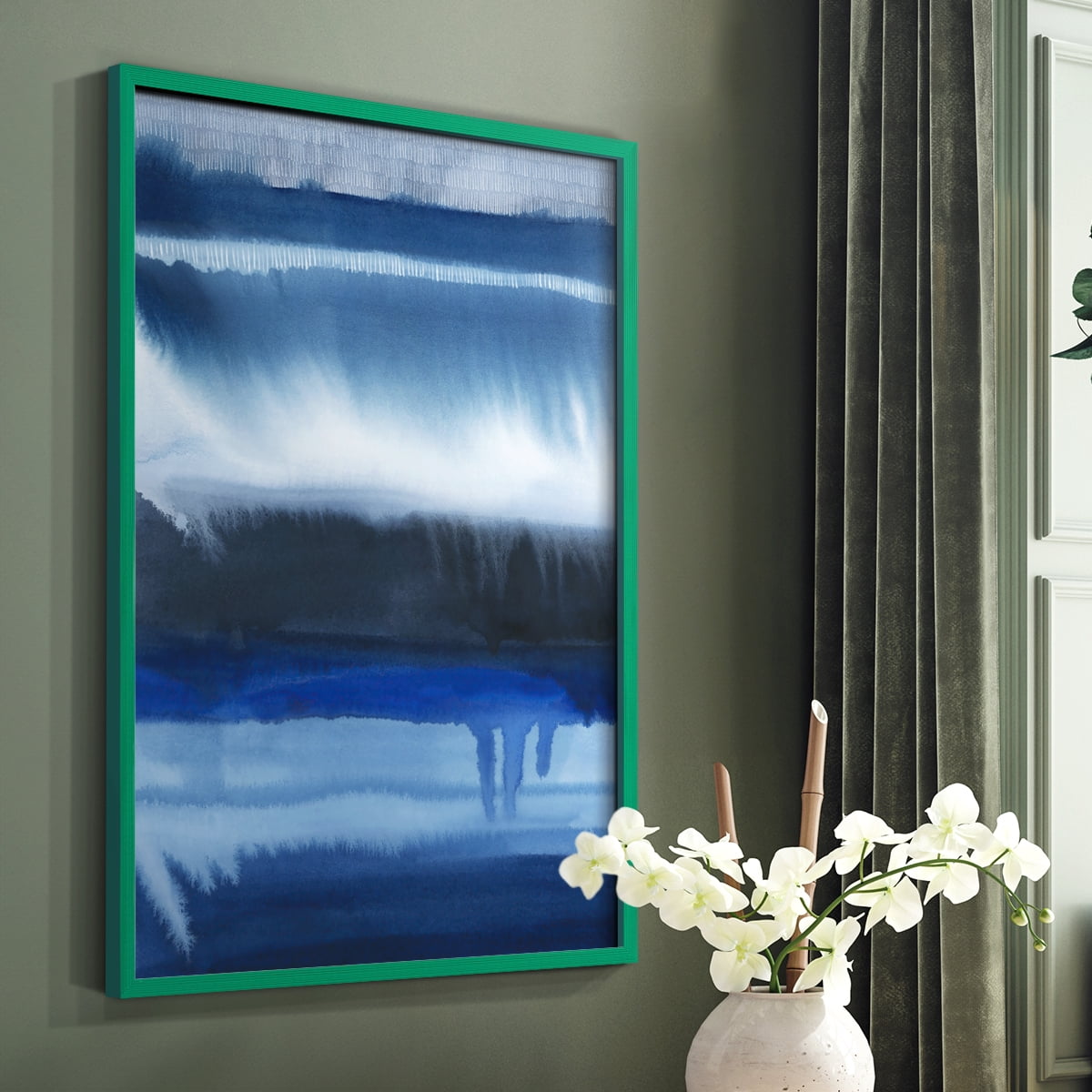 Deep Blue Shore II Framed Print in Green Solid Wood Framed Print No Nail Hanging