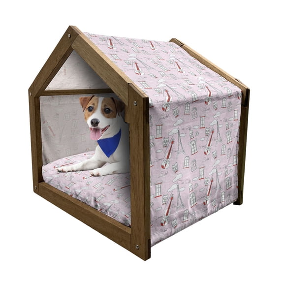Paris Pet House, Abstract City Image Violin Cat with Bow Tie Eiffel Tower Illustration, Outdoor & Indoor Portable Dog Kennel with Pillow and Cover, 5 Sizes, Pale Pink Scarlet White, by Ambesonne