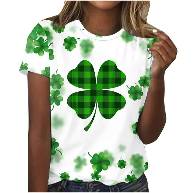 Bowake T-Shirts de la Saint-Patrick pour Femmes Col Rond Manches Courtes T-Shirt d'Été Quatre Feuilles Shamrock Graphique Tee Tops
