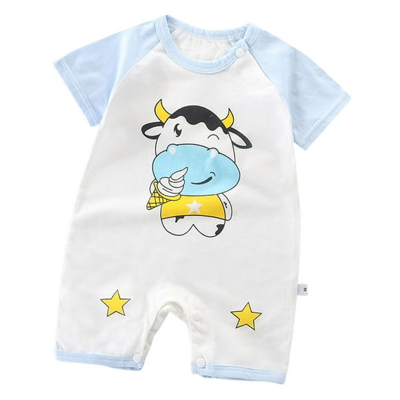 Yammkia Baby Boy Romper Newborn Infant Summer Clothes Cartoon Print Short Sleeve Crew Neck Jumpsuit Baby Boy Coming Home Outfit Newborn(Light Blue,6-12 Months)