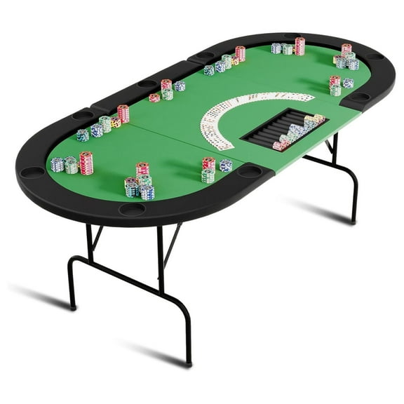 Oval Table for 10 Players, Casino Leisure Gamimg Table with Collapsible Legs, Texas Holdem Blackjack Table with Cup Holders