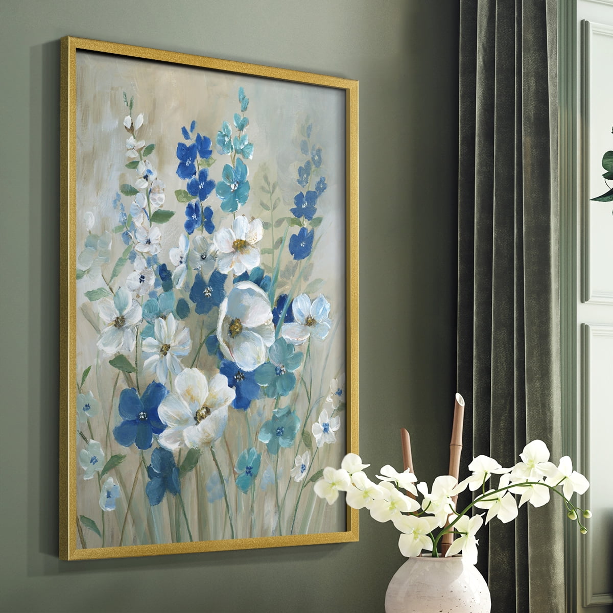 Blue Garden I Framed Print in Gold Solid Wood Framed Print No Nail Hanging