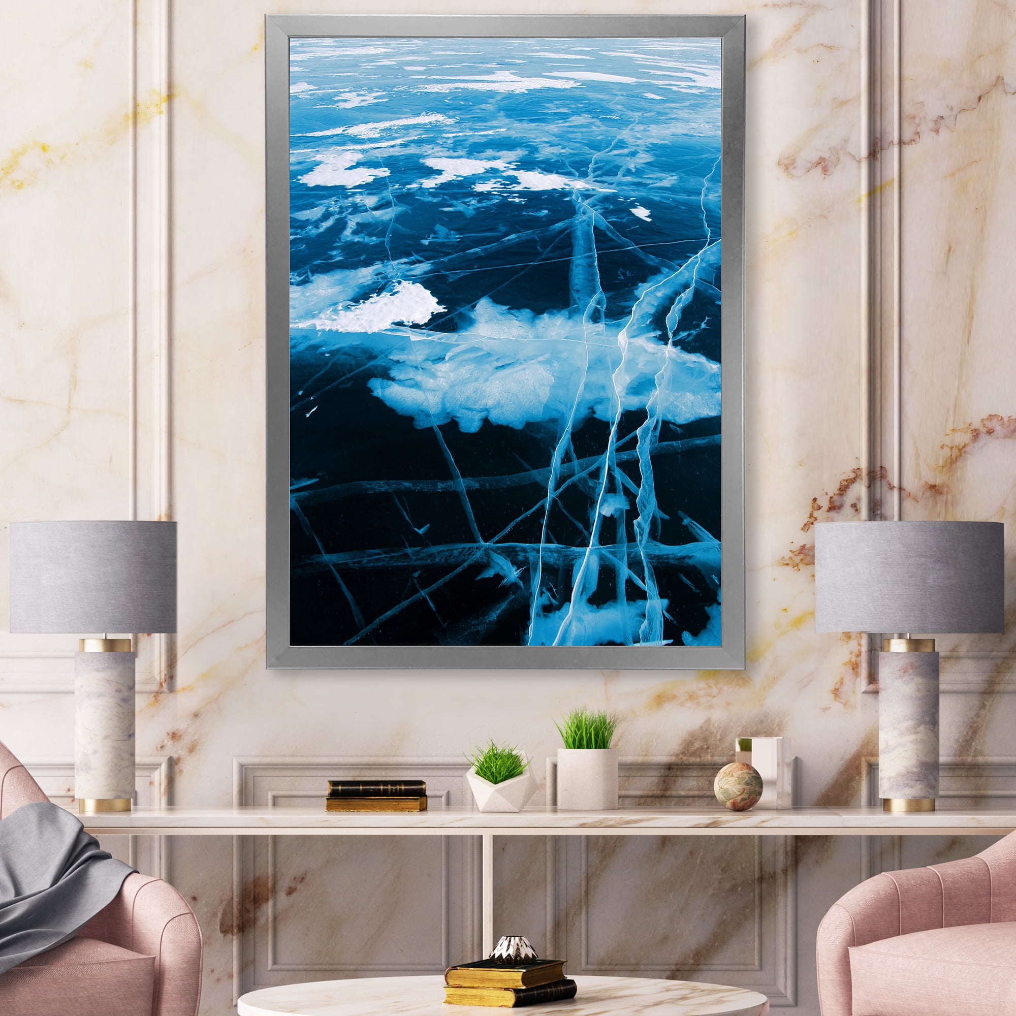 Designart 'White and Blue Ice Structure I' Modern Framed Art Print