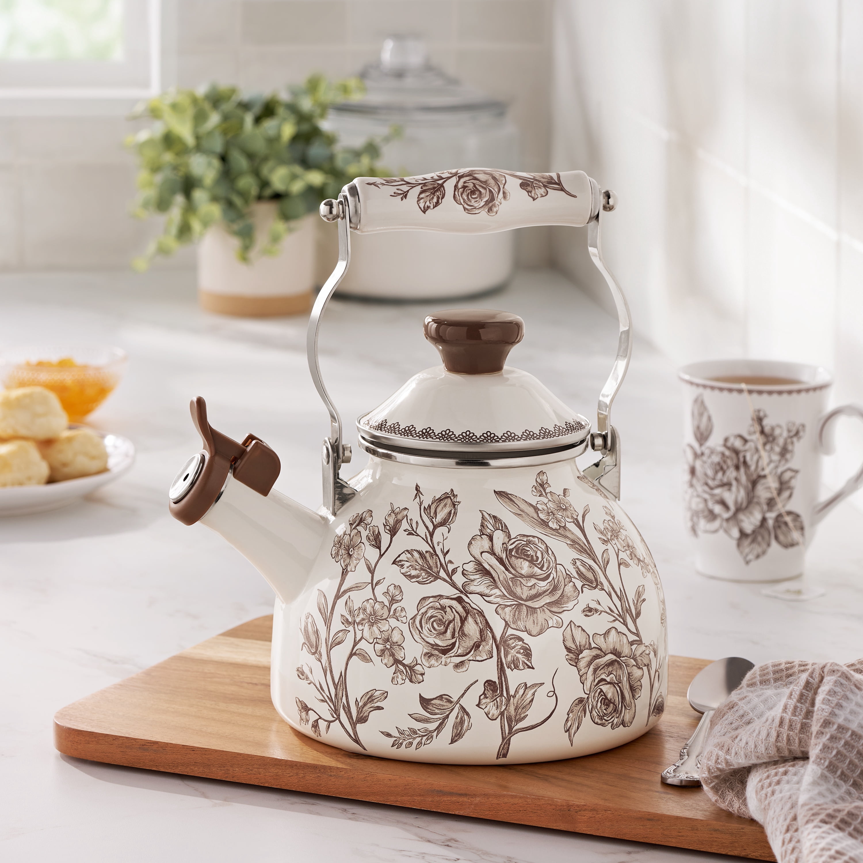 The Pioneer Woman Agatha 2.0-Quart Whistling Tea Kettle, Enamel on Steel, Brown