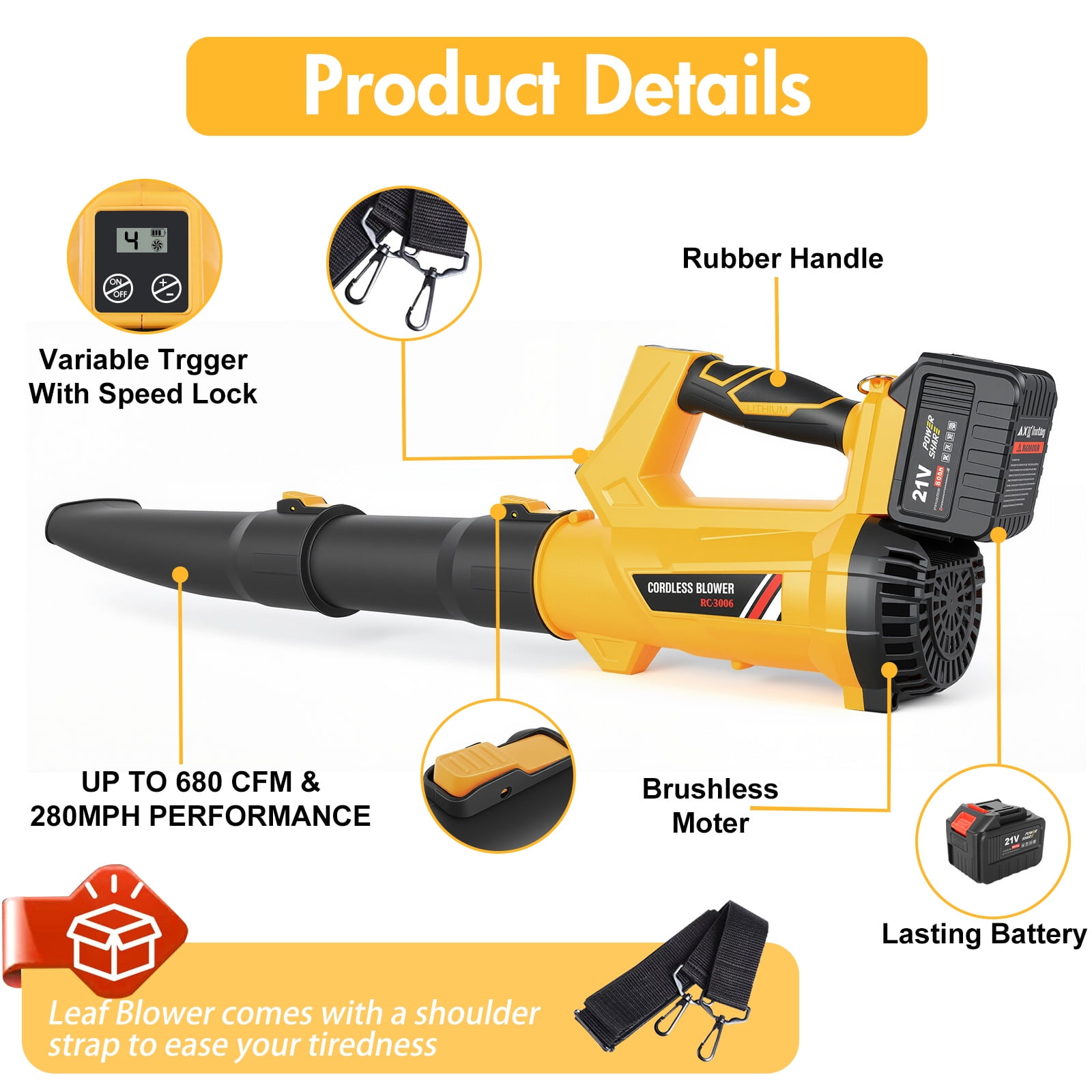 Leaf Blower, 680CFM 280MPH 21V Leaf Blower Cordless with 2X6.0Ah Battery & Charger, Electric Leaf Blower for Lawn Care, Battery Powered Leaf Blower for Snow Blowing & Yard Patio Garden Cleaning
