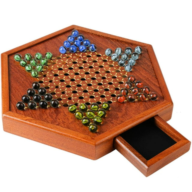 pitrice Portable Chinese Checkers Board Game with Wooden Board Game Hexagon Chinese Checkers Family Game Set Drawer Storage